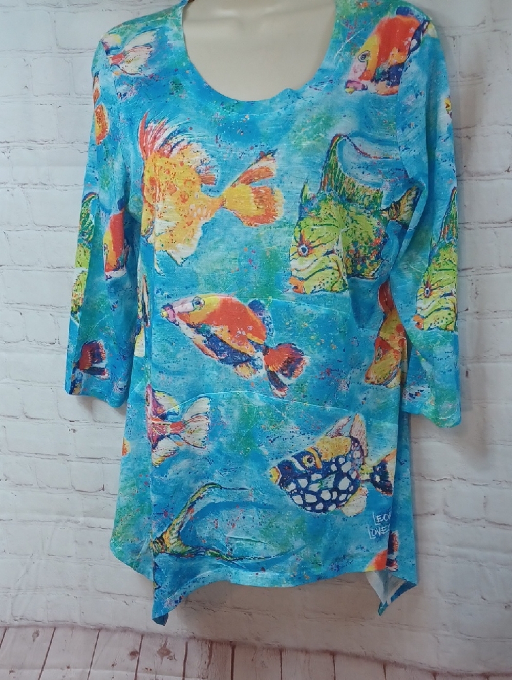 leoma lovegrove fish print asymmetrical tunic top medium coastal artwear beachy - Picture 3 of 13